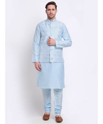 Men sky Blue Silk Kurta & Churidar with Jacket 5