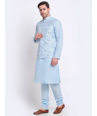 Men sky Blue Silk Kurta & Churidar with Jacket 1