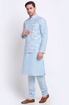 Men sky Blue Silk Kurta & Churidar with Jacket
