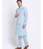 Men sky Blue Silk Kurta & Churidar with Jacket