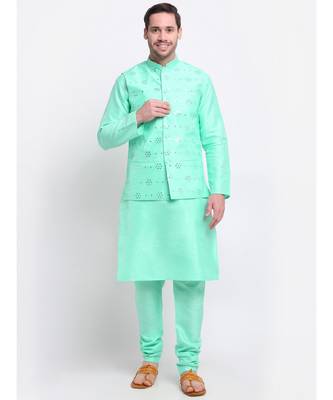 Men Green Silk Kurta & Churidar with Jacket 1