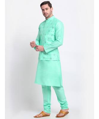 Men Green Silk Kurta & Churidar with Jacket 5