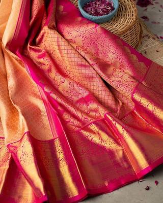Peach woven banarasi silk saree with blouse 2