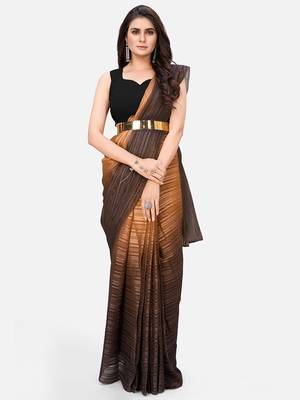 coffee brown & beige striped poly chiffon party wear saree with belt 1