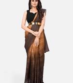 Coffee Brown & Beige Striped  Poly Chiffon Party Wear Saree with Belt