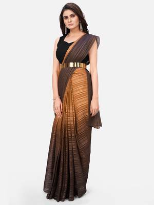 coffee brown & beige striped poly chiffon party wear saree with belt 2