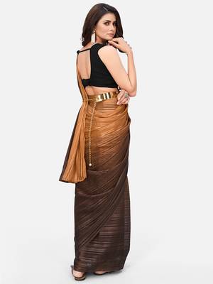 coffee brown & beige striped poly chiffon party wear saree with belt 3