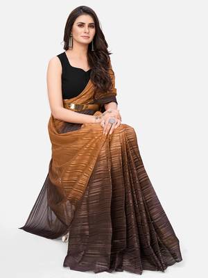 coffee brown & beige striped poly chiffon party wear saree with belt 4
