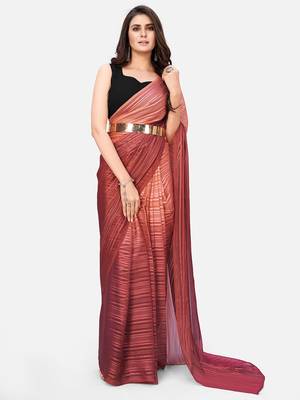 copper striped pure chiffon party wear saree with belt 1