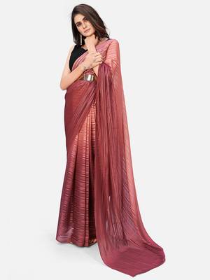 copper striped pure chiffon party wear saree with belt 2