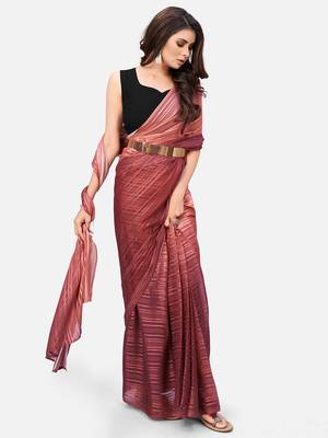 copper striped pure chiffon party wear saree with belt 4