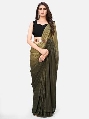olive green satin striped saree with ombre effect 1