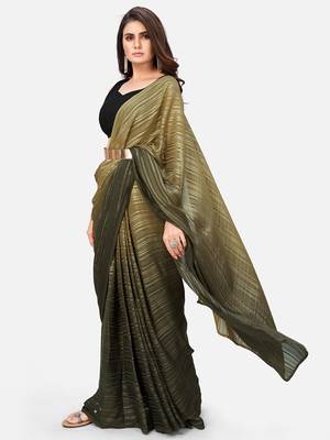 olive green satin striped saree with ombre effect 2