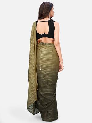 olive green satin striped saree with ombre effect 3
