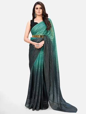teal green striped pure chiffon party wear saree with belt 1