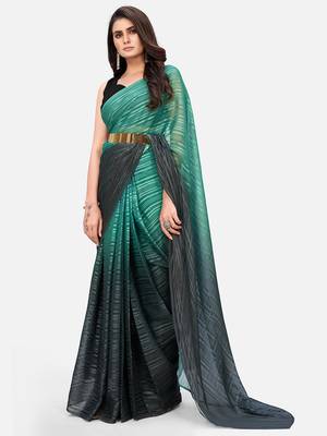 teal green striped pure chiffon party wear saree with belt 2