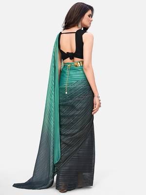 teal green striped pure chiffon party wear saree with belt 3