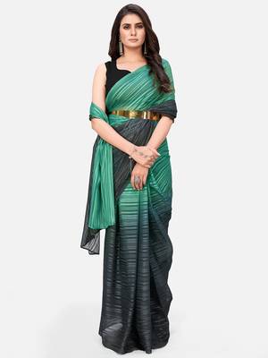 teal green striped pure chiffon party wear saree with belt 4