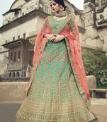 Green glitter dori, zari and thread embroidered with stone work satin Semi Stitched Lehenga
