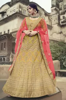 Yellow dori, zari and thread embroidered with stone work satin semi stitched lehenga
