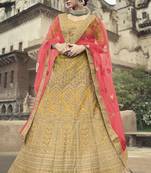 Yellow dori, zari and thread embroidered with stone work satin Semi Stitched Lehenga