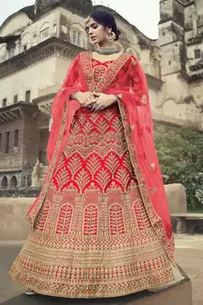 Red dori, zari and thread embroidered with stone work satin semi stitched lehenga