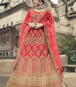 Red dori, zari and thread embroidered with stone work satin Semi Stitched Lehenga