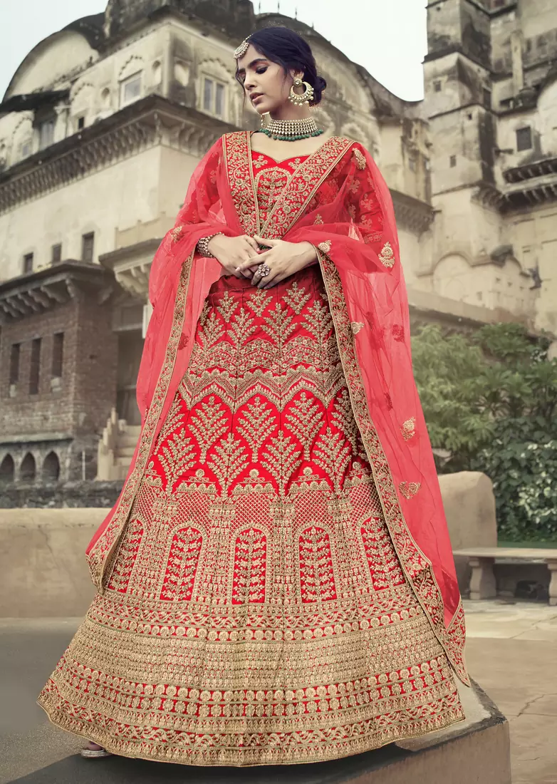 Red dori, zari and thread embroidered with stone work satin semi stitched lehenga