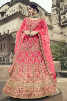 Pink dori, zari and thread embroidered with stone work satin semi stitched lehenga