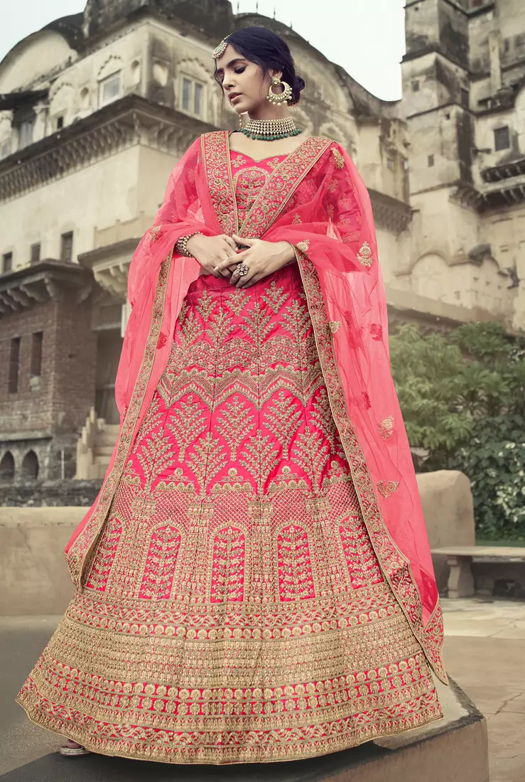 Pink dori, zari and thread embroidered with stone work satin semi stitched lehenga