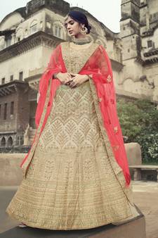 Beige dori, zari and thread embroidered with stone work satin semi stitched lehenga