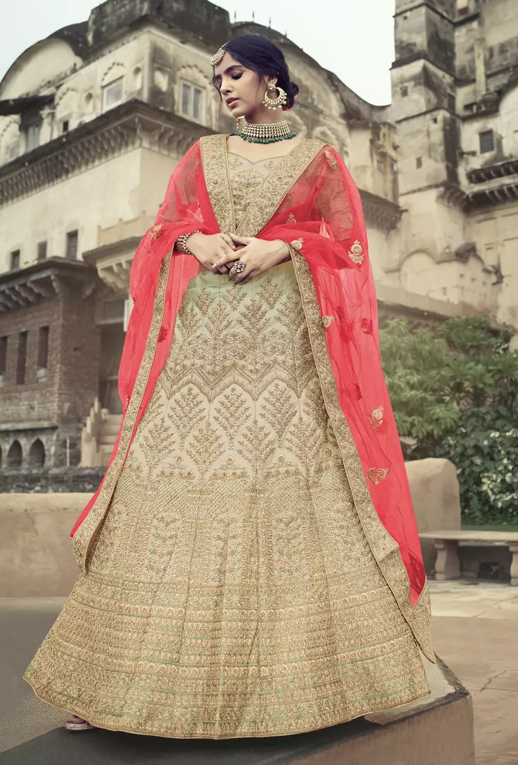 Beige dori, zari and thread embroidered with stone work satin semi stitched lehenga