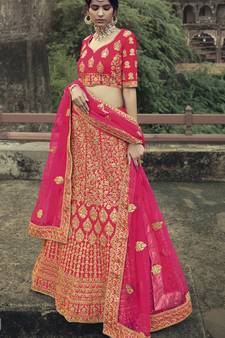 Pink dori, zari and thread embroidered with stone work satin semi stitched lehenga