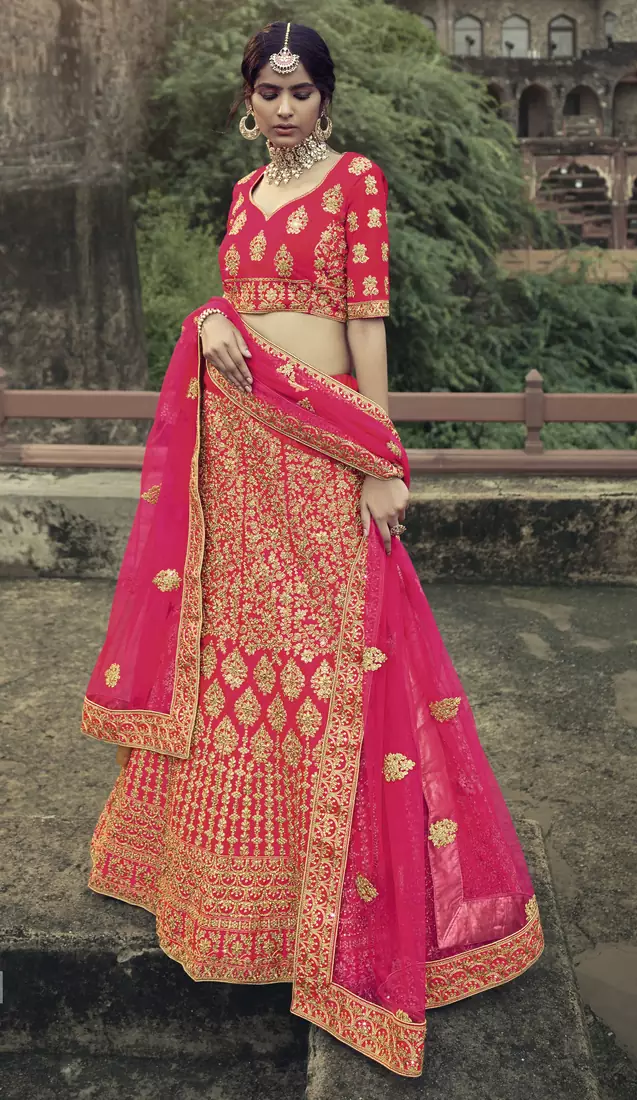Pink dori, zari and thread embroidered with stone work satin semi stitched lehenga