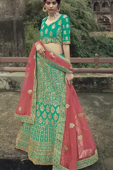 Green dori, zari and thread embroidered with stone work satin semi stitched lehenga