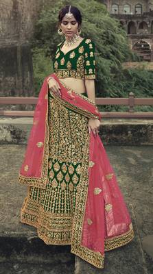 Dark Green Colored Dori Zari And Thread Embroidered With Stone Work Satin Lehenga For Wedding & Bride 1