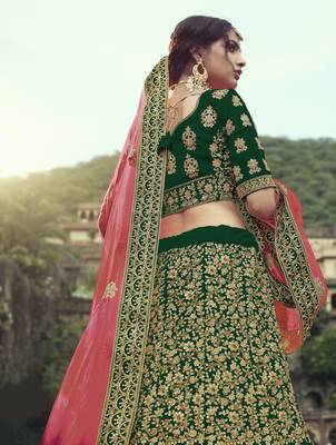 Dark Green Colored Dori Zari And Thread Embroidered With Stone Work Satin Lehenga For Wedding & Bride 3