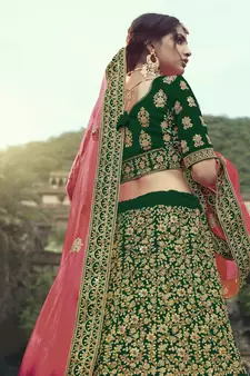 Dark Green Colored Dori Zari And Thread Embroidered With Stone Work Satin Lehenga For Wedding & Bride