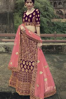 Wine dori, zari and thread embroidered with stone work satin semi stitched lehenga