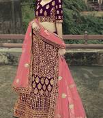 Wine dori, zari and thread embroidered with stone work satin Semi Stitched Lehenga
