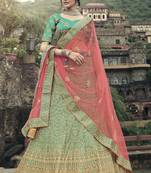 Green dori, zari and thread embroidered with stone work satin Semi Stitched Lehenga