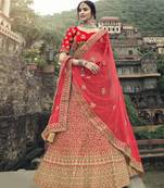 Red dori, zari and thread embroidered with stone work satin Semi Stitched Lehenga