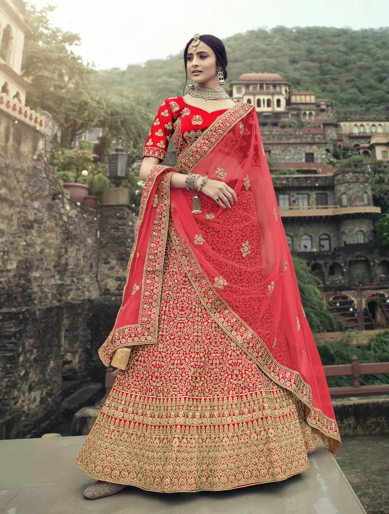 Red dori, zari and thread embroidered with stone work satin semi stitched lehenga