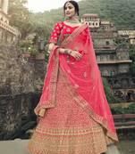 Pink dori, zari and thread embroidered with stone work satin Semi Stitched Lehenga