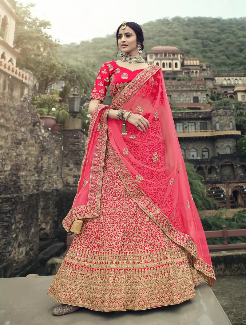 Pink dori, zari and thread embroidered with stone work satin semi stitched lehenga