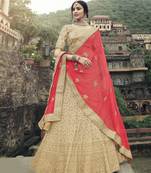 Beige dori, zari and thread embroidered with stone work satin Semi Stitched Lehenga