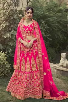 Pink dori, zari and thread embroidered with stone work satin semi stitched lehenga