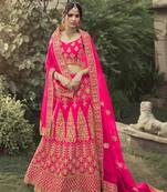 Pink dori, zari and thread embroidered with stone work satin Semi Stitched Lehenga