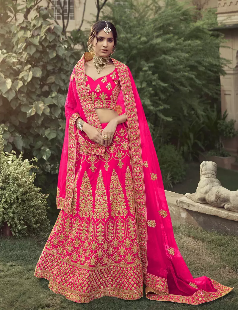 Pink dori, zari and thread embroidered with stone work satin semi stitched lehenga