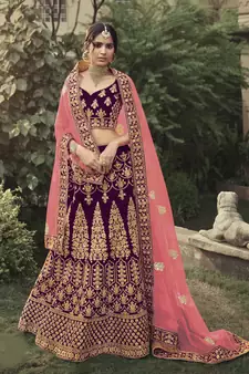 Wine dori, zari and thread embroidered with stone work satin semi stitched lehenga